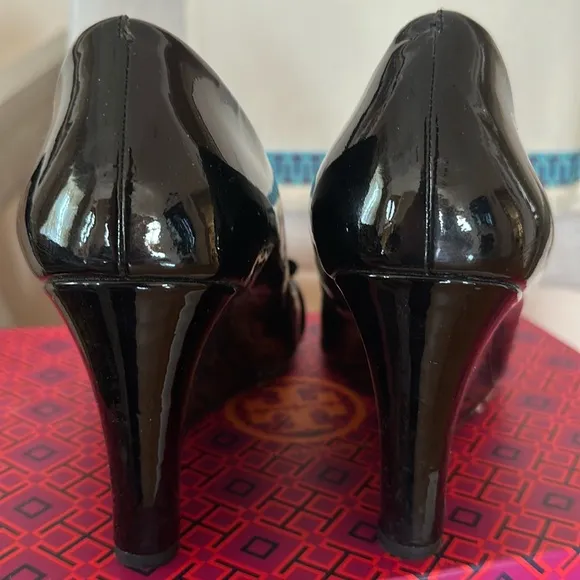 Tory Burch Black Peep-Toe Wedges with Gold Charm