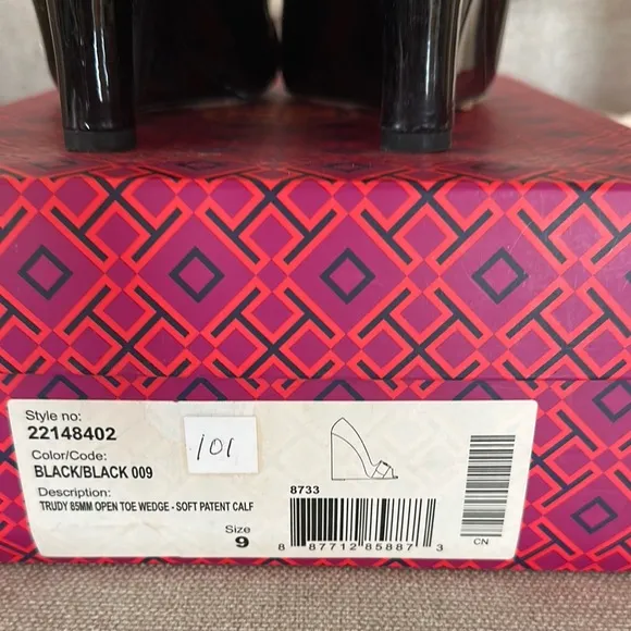 Tory Burch Black Peep-Toe Wedges with Gold Charm