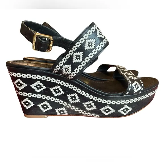 Tory Burch Black Reena Platform Wedge Sandals, Size 9.5, Embroidered, Tribal