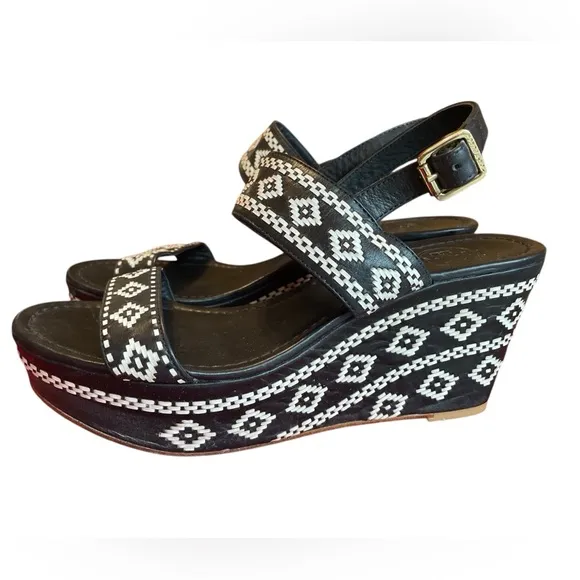 Tory Burch Black Reena Platform Wedge Sandals, Size 9.5, Embroidered, Tribal