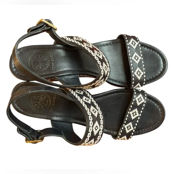 Tory Burch Black Reena Platform Wedge Sandals, Size 9.5, Embroidered, Tribal
