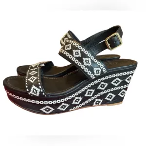 Tory Burch Black Reena Platform Wedge Sandals, Size 9.5, Embroidered, Tribal