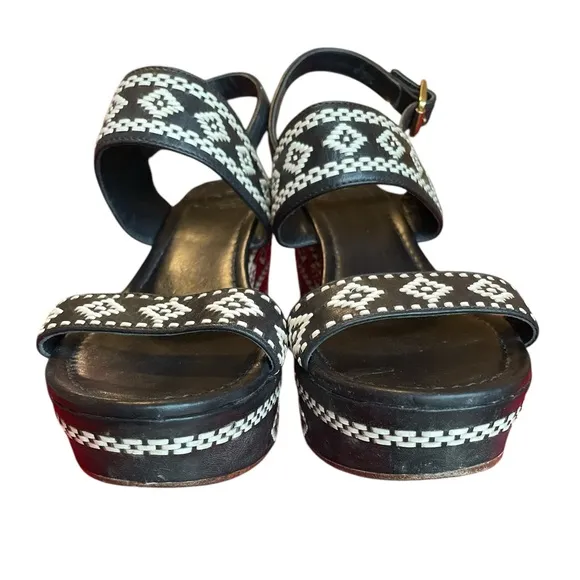 Tory Burch Black Reena Platform Wedge Sandals, Size 9.5, Embroidered, Tribal
