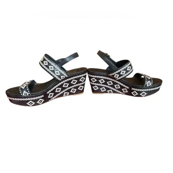 Tory Burch Black Reena Platform Wedge Sandals, Size 9.5, Embroidered, Tribal