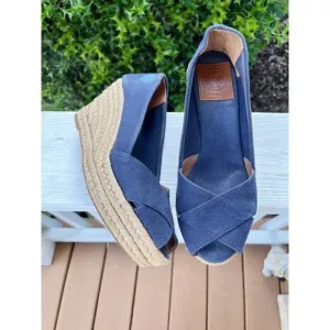 Tory Burch Blue Canvas Open Toe Wedges Size 7 B