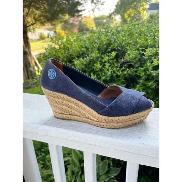 Tory Burch Blue Canvas Open Toe Wedges Size 7 B