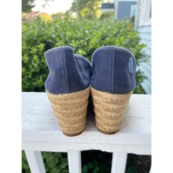 Tory Burch Blue Canvas Open Toe Wedges Size 7 B