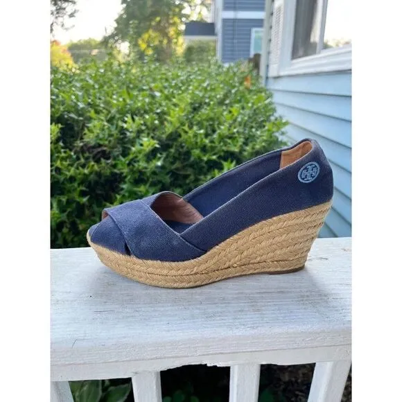 Tory Burch Blue Canvas Open Toe Wedges Size 7 B