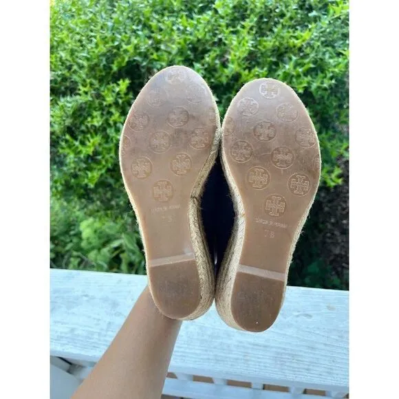 Tory Burch Blue Canvas Open Toe Wedges Size 7 B