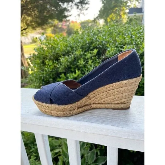 Tory Burch Blue Canvas Open Toe Wedges Size 7 B