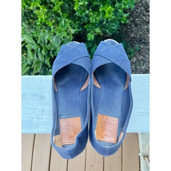 Tory Burch Blue Canvas Open Toe Wedges Size 7 B