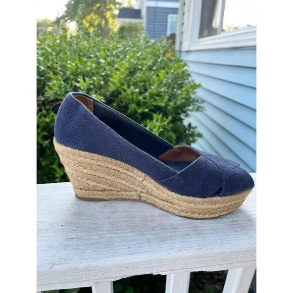 Tory Burch Blue Canvas Open Toe Wedges Size 7 B