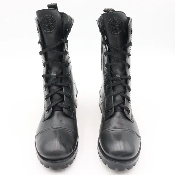 Tory Burch Broome Lace Up Black Leather Combat Boots‎ Womens Size 6M US