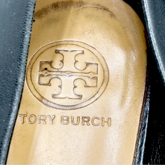 Tory Burch Cami Black Leather Wedges with Gold Metallic Toe Size 9
