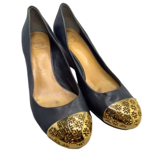 Tory Burch Cami Black Leather Wedges with Gold Metallic Toe Size 9