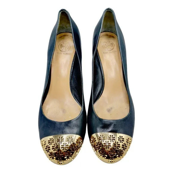 Tory Burch Cami Black Leather Wedges with Gold Metallic Toe Size 9