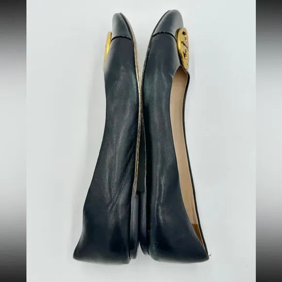 Tory Burch Chelsea Ballet Flats Napa Leather Black Gold Medallion cap toe 9.5M