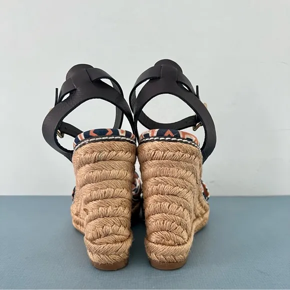 Tory Burch Criss Cross Blue &amp; Orange Canvas Espadrille Jute Wedge Sandals