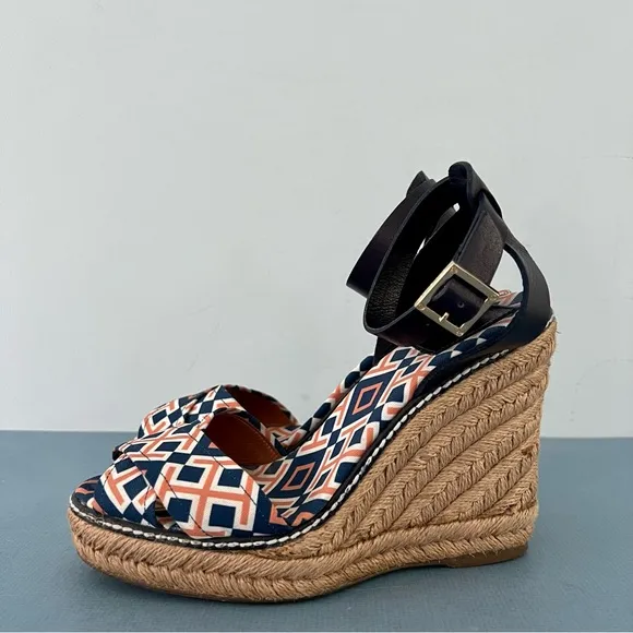 Tory Burch Criss Cross Blue &amp; Orange Canvas Espadrille Jute Wedge Sandals