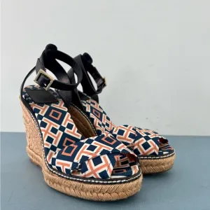 Tory Burch Criss Cross Blue &amp; Orange Canvas Espadrille Jute Wedge Sandals