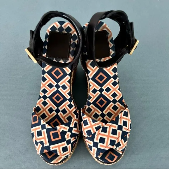Tory Burch Criss Cross Blue &amp; Orange Canvas Espadrille Jute Wedge Sandals
