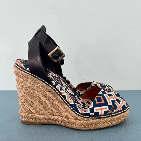 Tory Burch Criss Cross Blue &amp; Orange Canvas Espadrille Jute Wedge Sandals