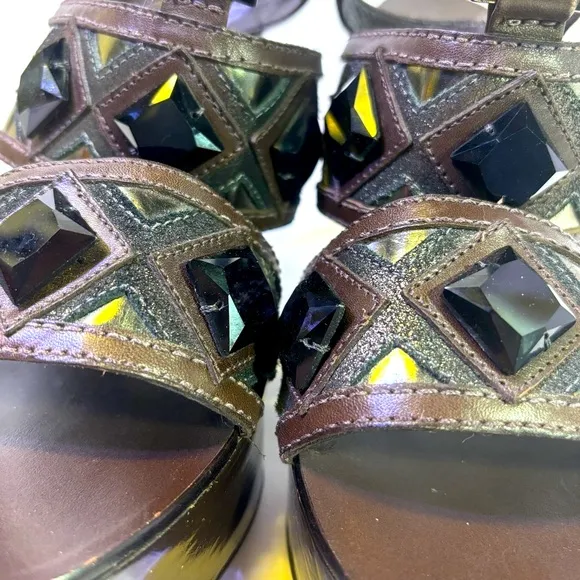 Tory Burch Dark Brown Wedge Sandals with Embellishments and Ankle Straps
