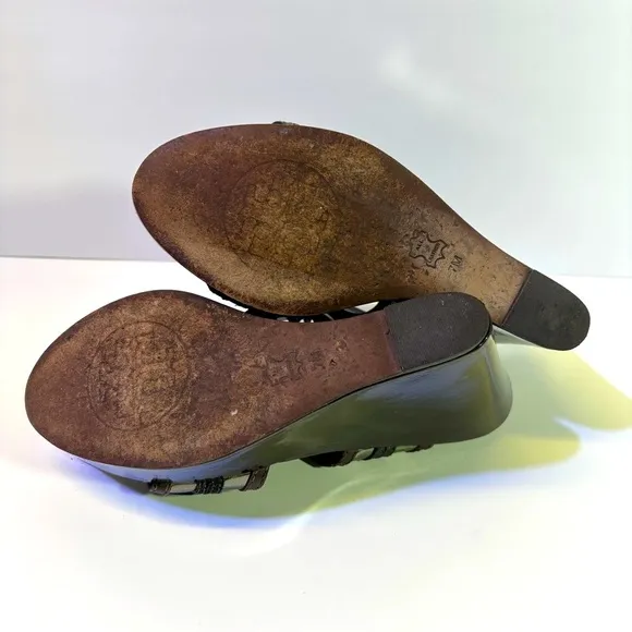 Tory Burch Dark Brown Wedge Sandals with Embellishments and Ankle Straps