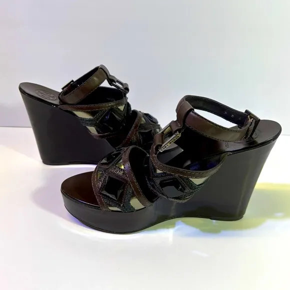 Tory Burch Dark Brown Wedge Sandals with Embellishments and Ankle Straps