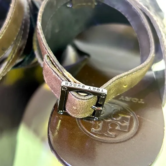 Tory Burch Dark Brown Wedge Sandals with Embellishments and Ankle Straps