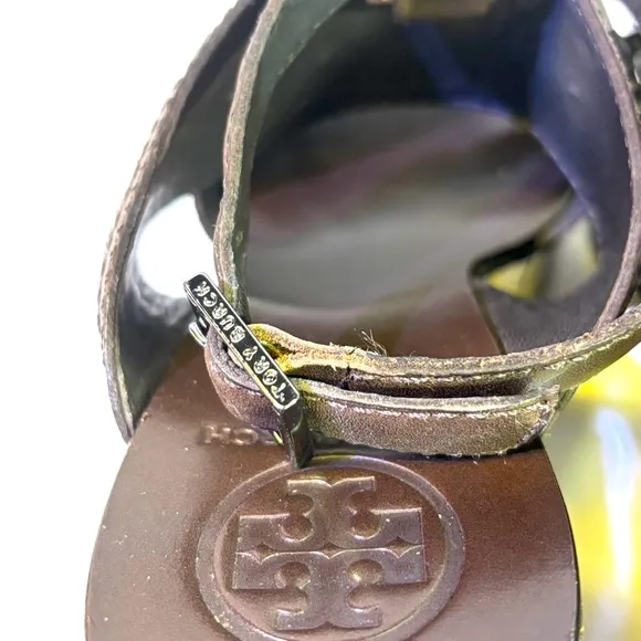 Tory Burch Dark Brown Wedge Sandals with Embellishments and Ankle Straps
