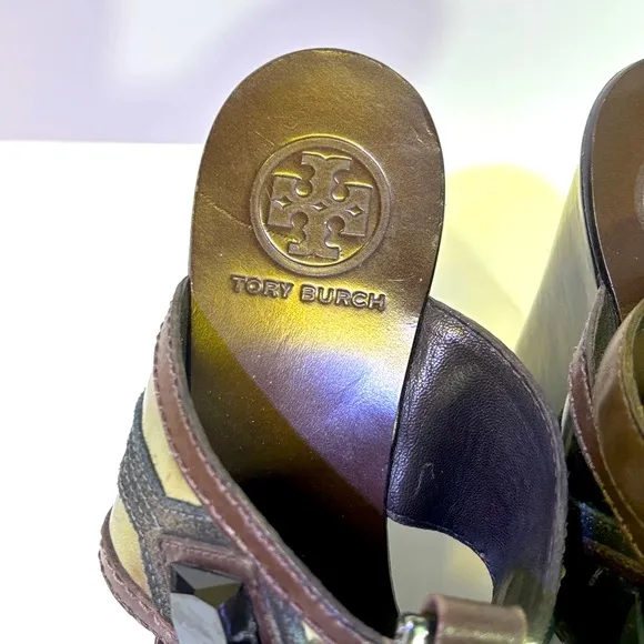 Tory Burch Dark Brown Wedge Sandals with Embellishments and Ankle Straps