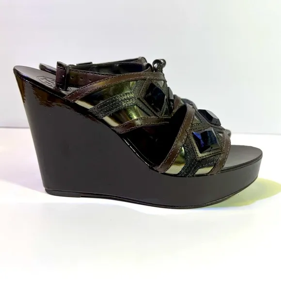 Tory Burch Dark Brown Wedge Sandals with Embellishments and Ankle Straps