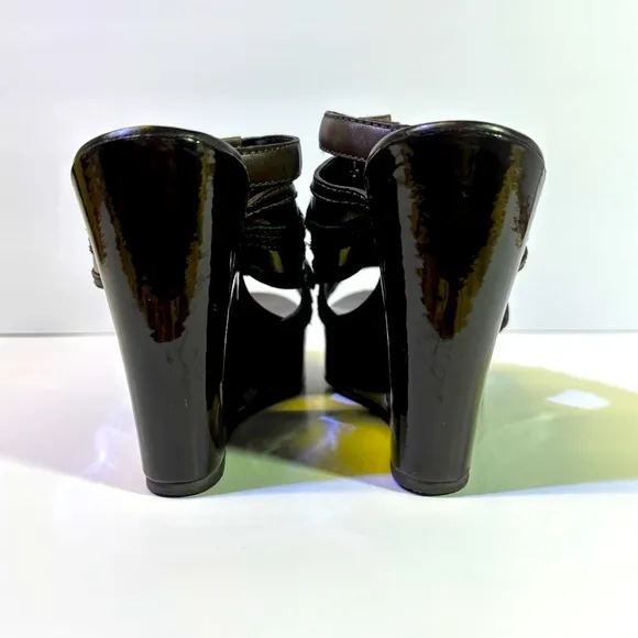 Tory Burch Dark Brown Wedge Sandals with Embellishments and Ankle Straps