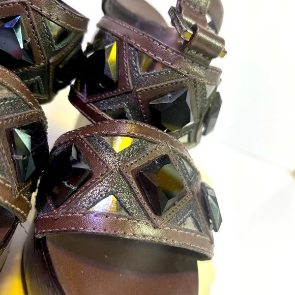 Tory Burch Dark Brown Wedge Sandals with Embellishments and Ankle Straps