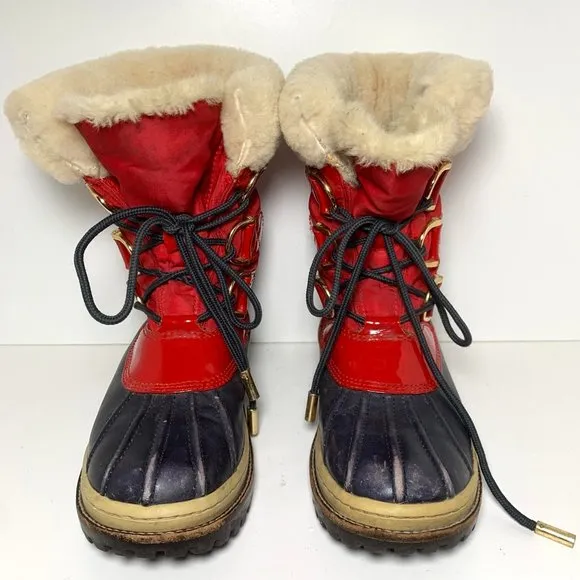 Tory Burch Duck Rain Lace Up Waterproof Boots Navy Red 5