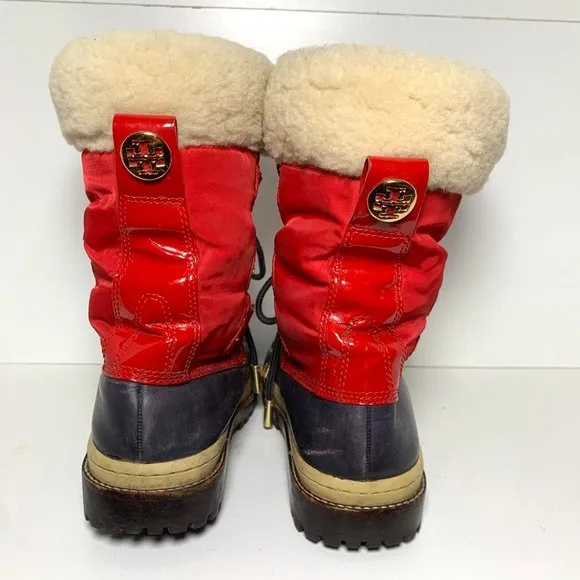 Tory Burch Duck Rain Lace Up Waterproof Boots Navy Red 5