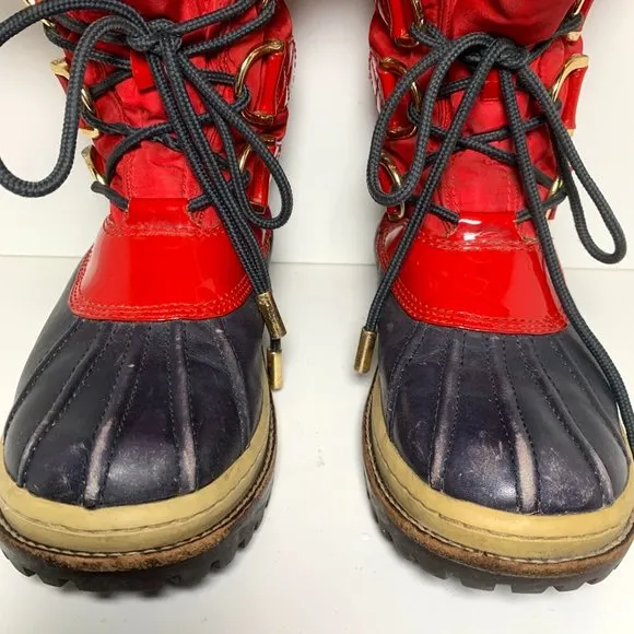 Tory Burch Duck Rain Lace Up Waterproof Boots Navy Red 5