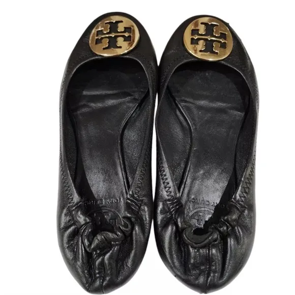 Tory Burch Elastic Back Black Gold  Leather Ballet Ballerina Flats Women's 7.5