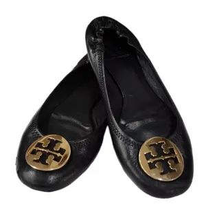 Tory Burch Elastic Back Black Gold  Leather Ballet Ballerina Flats Women's 7.5