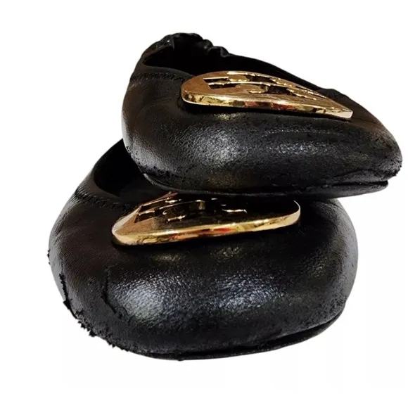 Tory Burch Elastic Back Black Gold  Leather Ballet Ballerina Flats Women's 7.5