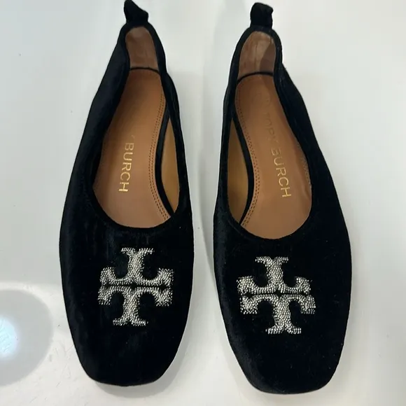 Tory Burch Eleanor Crystal Embellished Velvet Black Ballet Flats Size 7.5