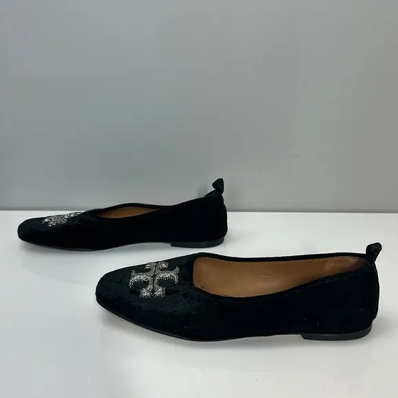 Tory Burch Eleanor Crystal Embellished Velvet Black Ballet Flats Size 7.5