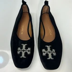 Tory Burch Eleanor Crystal Embellished Velvet Black Ballet Flats Size 7.5