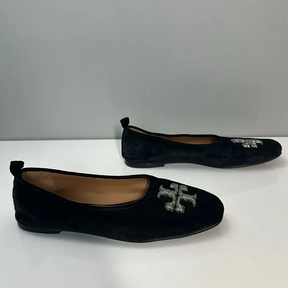 Tory Burch Eleanor Crystal Embellished Velvet Black Ballet Flats Size 7.5