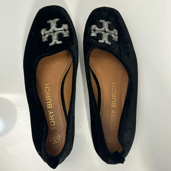 Tory Burch Eleanor Crystal Embellished Velvet Black Ballet Flats Size 7.5
