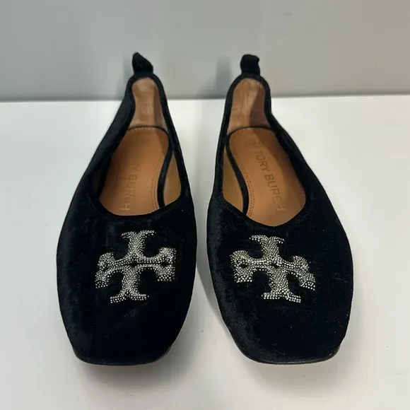 Tory Burch Eleanor Crystal Embellished Velvet Black Ballet Flats Size 7.5