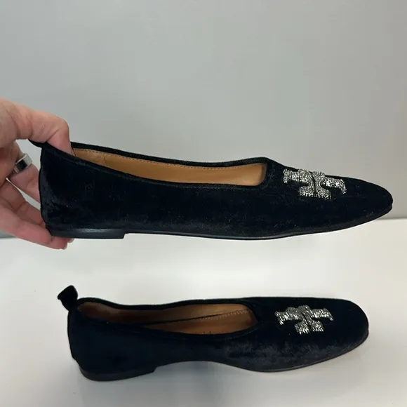Tory Burch Eleanor Crystal Embellished Velvet Black Ballet Flats Size 7.5