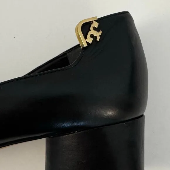 Tory Burch Elizabeth Logo Black Leather Pumps Shoes Round Toe Block Heel 9M
