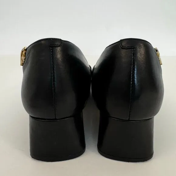 Tory Burch Elizabeth Logo Black Leather Pumps Shoes Round Toe Block Heel 9M